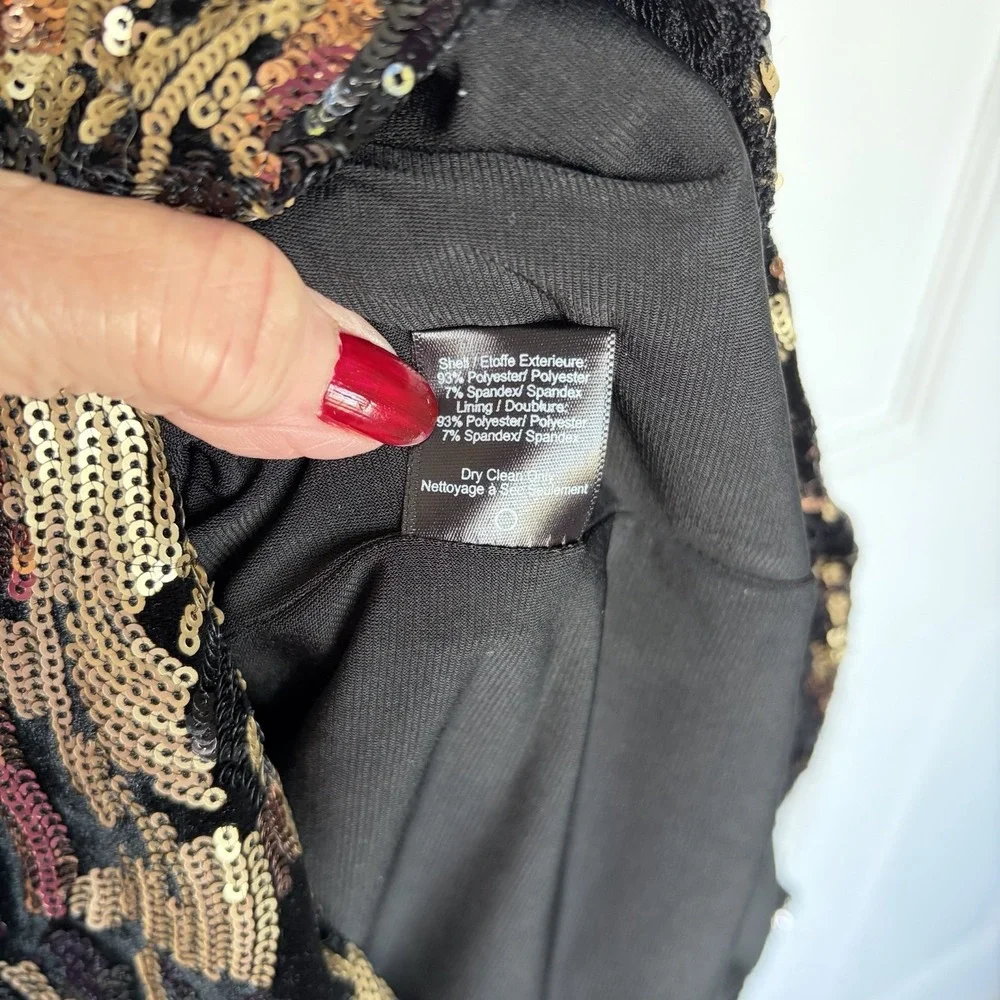 Dress the Population Black Gold Sequin Velvet V-Neck Cap Sleeve Sheath Midi Glam - Picture 11 of 12